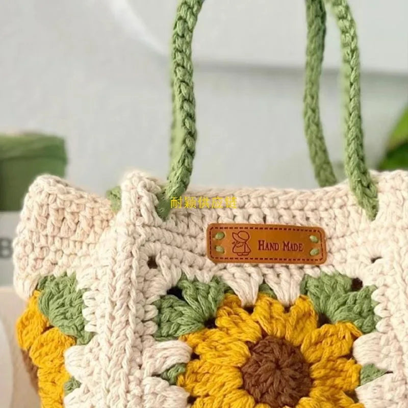Handmade Crochet Sunflower Bag – Boho Knitted Handbag
