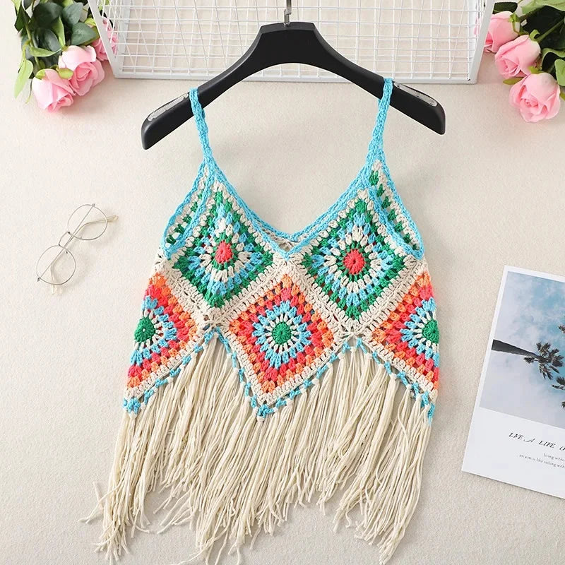Handmade Colorful Crochet Fringe Top – Boho Festival Knitwear