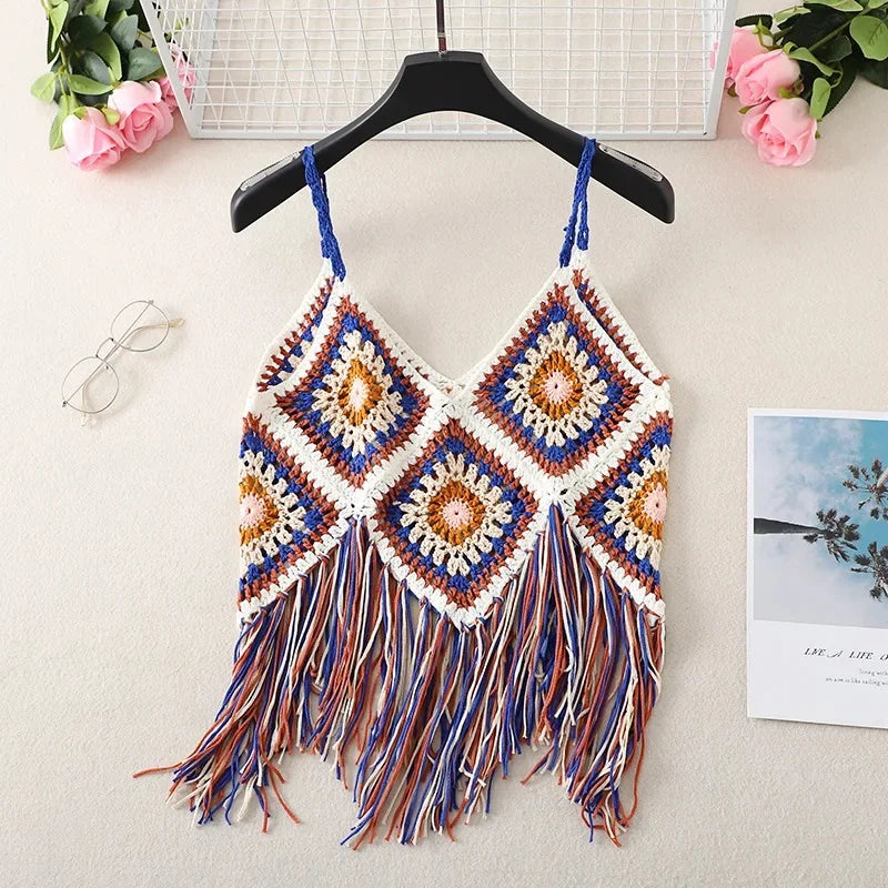 Handmade Colorful Crochet Fringe Top – Boho Festival Knitwear