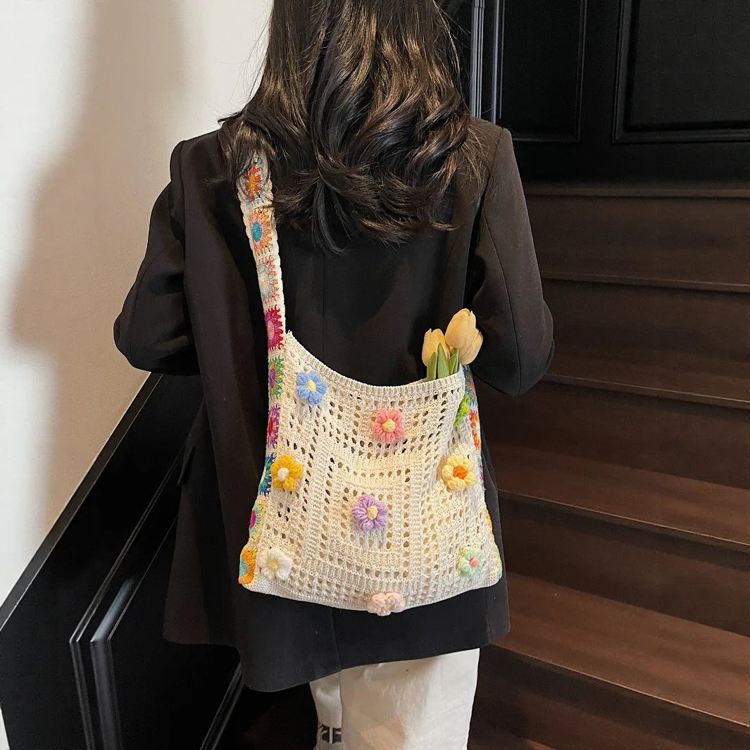 Handmade Crochet Tote Bag – Colorful Flower