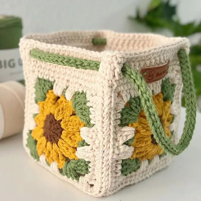 Handmade Crochet Sunflower Bag – Boho Knitted Handbag