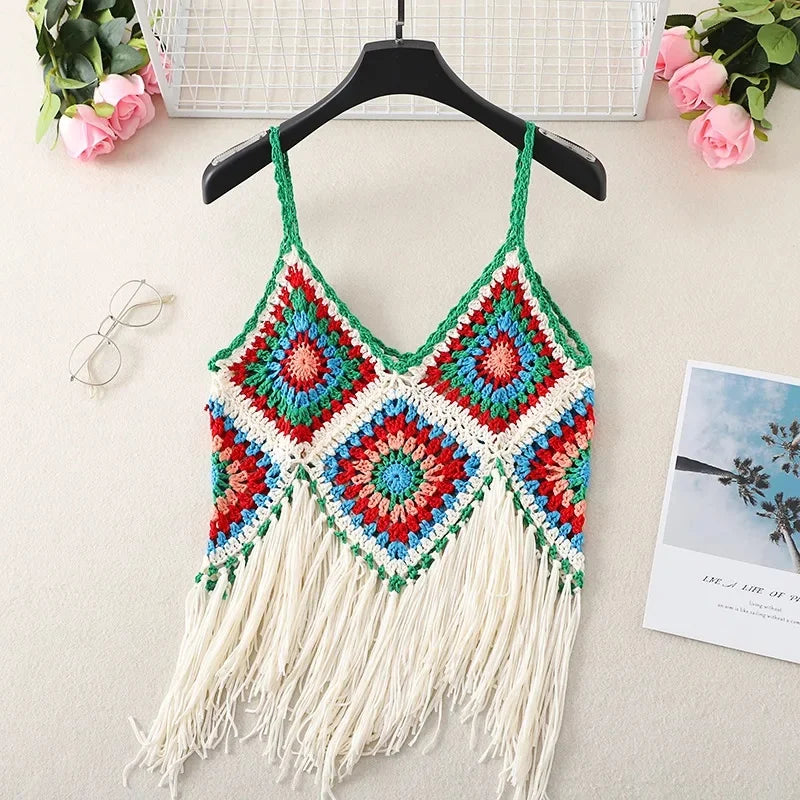 Handmade Colorful Crochet Fringe Top – Boho Festival Knitwear