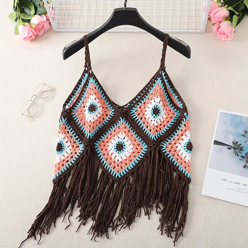 Handmade Colorful Crochet Fringe Top – Boho Festival Knitwear