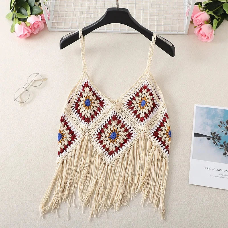 Handmade Colorful Crochet Fringe Top – Boho Festival Knitwear
