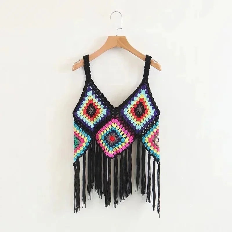 Handmade Colorful Crochet Fringe Top – Boho Festival Knitwear
