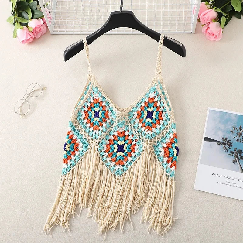 Handmade Colorful Crochet Fringe Top – Boho Festival Knitwear