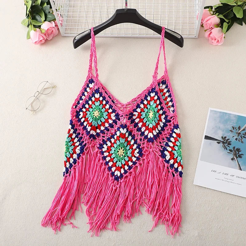 Handmade Colorful Crochet Fringe Top – Boho Festival Knitwear