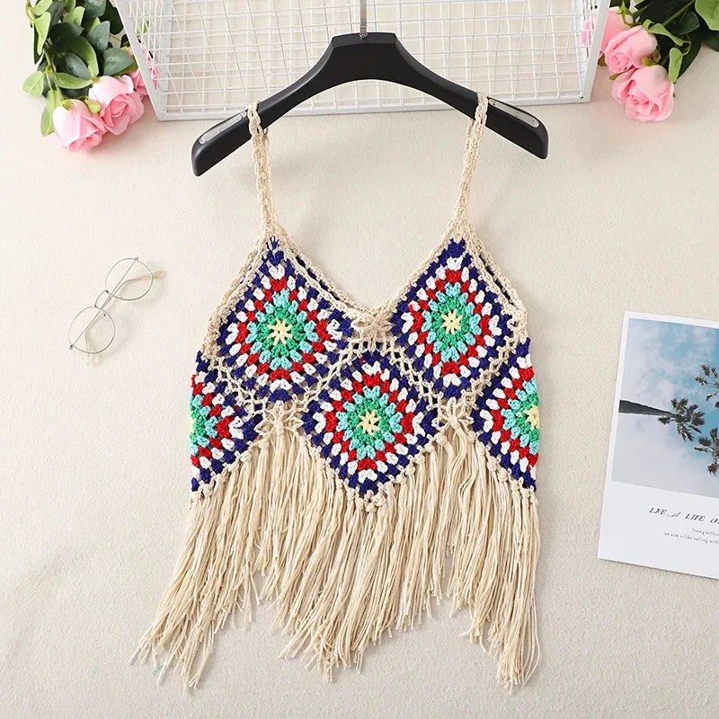 Handmade Colorful Crochet Fringe Top – Boho Festival Knitwear