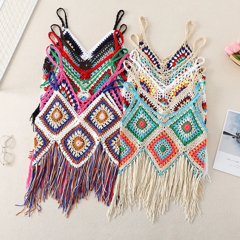 Handmade Colorful Crochet Fringe Top – Boho Festival Knitwear