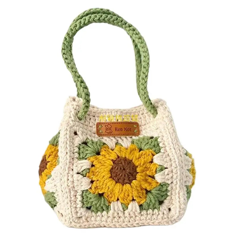 Handmade Crochet Sunflower Bag – Boho Knitted Handbag