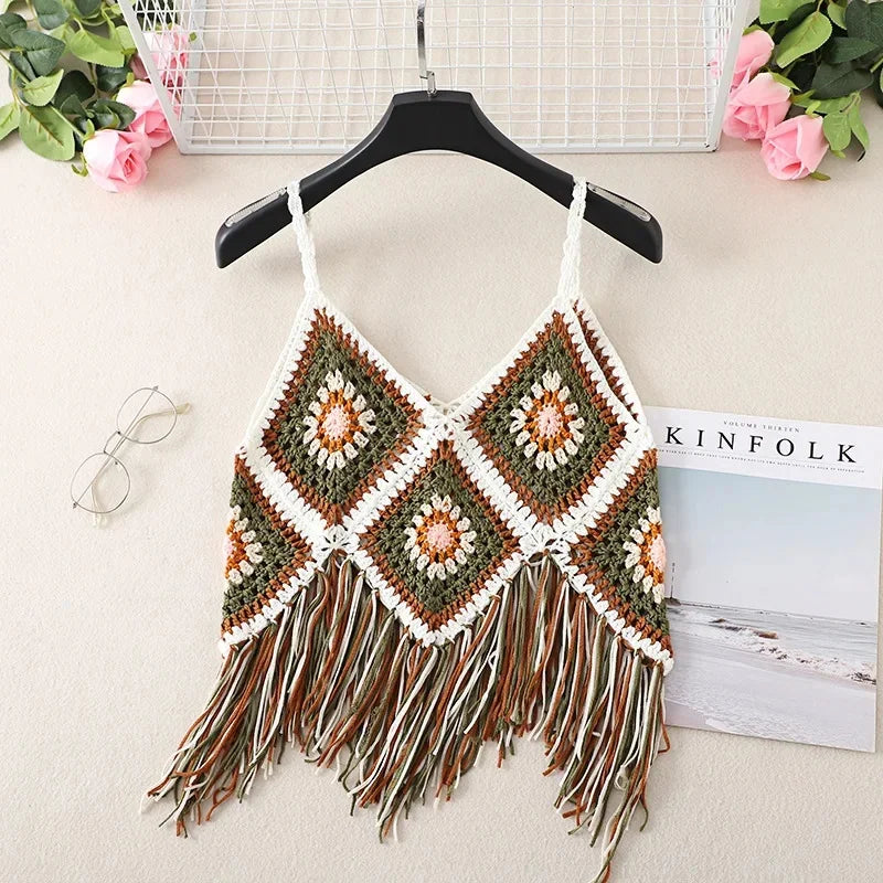 Handmade Colorful Crochet Fringe Top – Boho Festival Knitwear