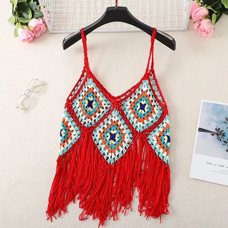 Handmade Colorful Crochet Fringe Top – Boho Festival Knitwear