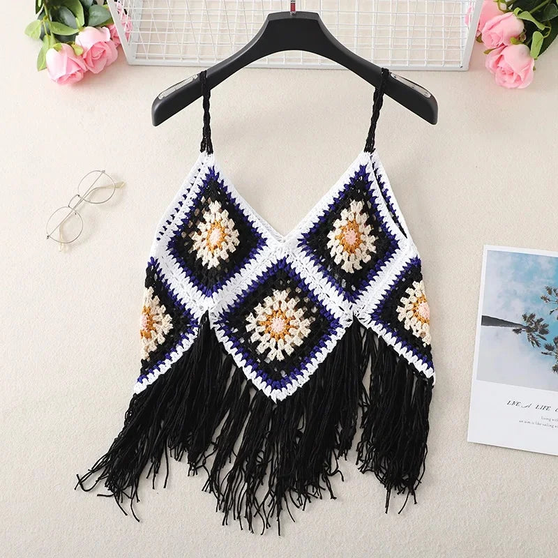 Handmade Colorful Crochet Fringe Top – Boho Festival Knitwear